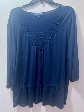 Jones New York Signature Women's Navy Scoop Neck Blouse with Drawstring, Size XL